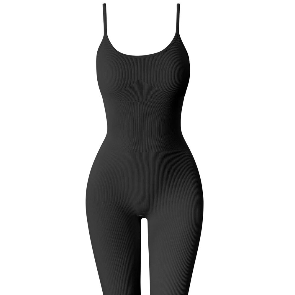 NWOT OQQ Black Scoop Spaghetti Strap Tummy Control Jumpsuit Sz L